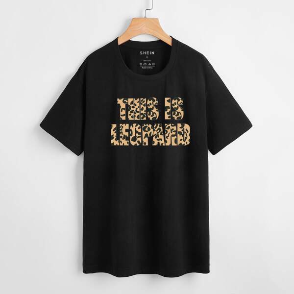 

Slogan & Leopard Print Tee, Black