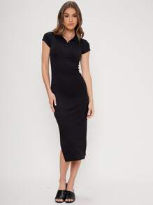 SHEIN Vestido ajustado tejido de canalé de poliéster reciclado - Negro - Ver 5