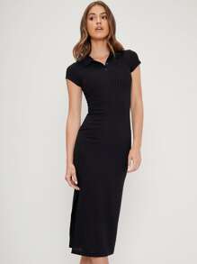 SHEIN Vestido ajustado tejido de canalé de poliéster reciclado - Negro - Ver 6