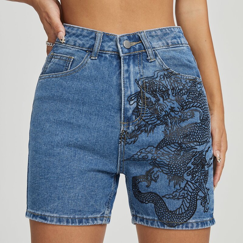 

Chinese Dragon Print Denim Shorts, Medium wash