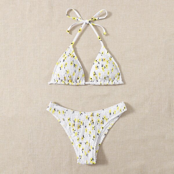 

Floral Smocked Halter Triangle Bikini Swimsuit, Multicolor