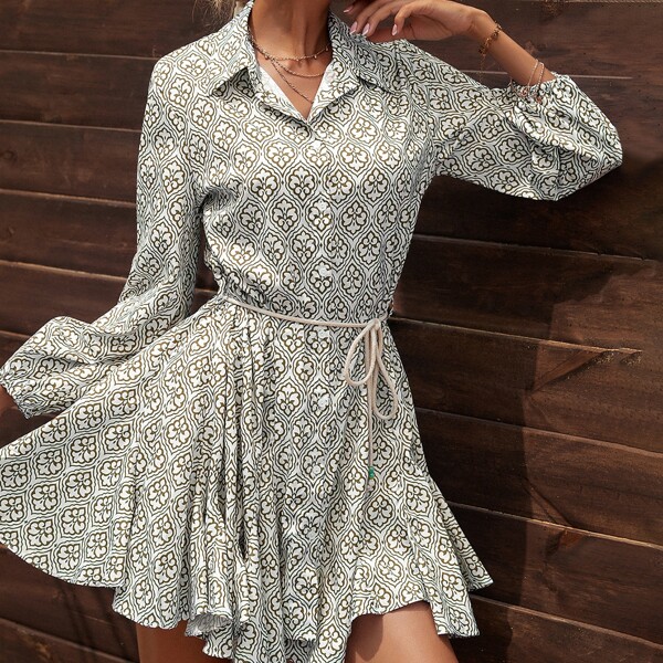 

Button Through Allover Print Belted Dress, Multicolor