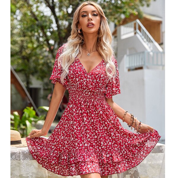 

Ditsy Floral Ruffle Trim Dress, Burgundy
