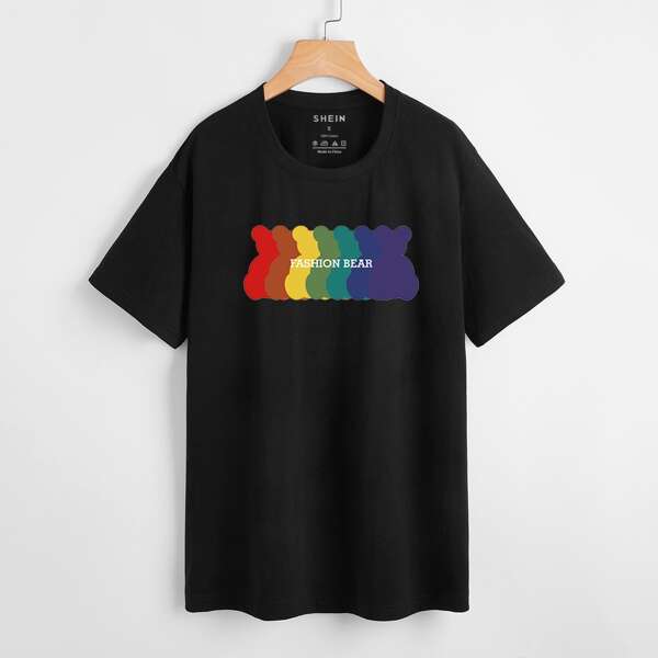 

Cartoon Bear & Letter Graphic Tee, Black