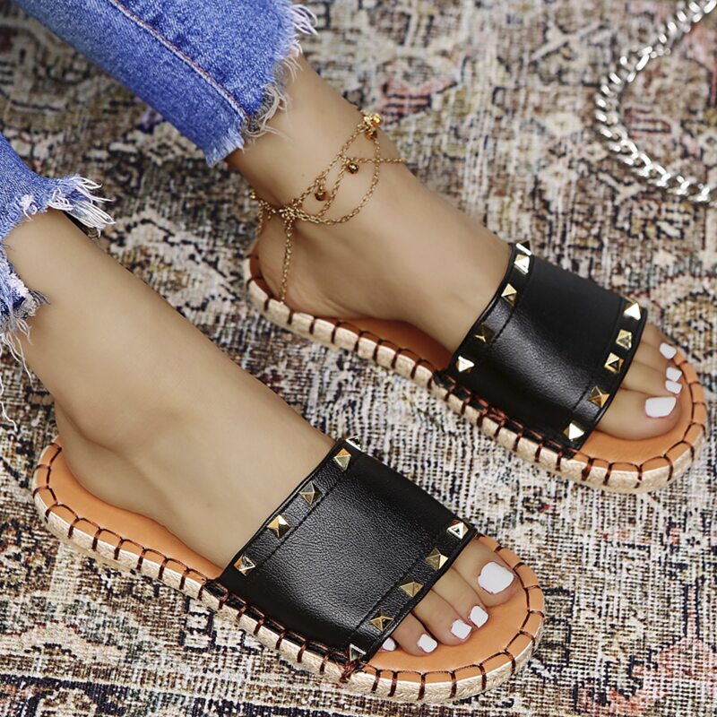 

Studded Band Slide Sandals, Black