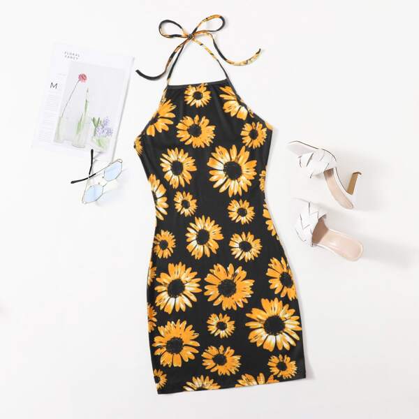 

Plus Self Tie Sunflower Print Bodycon Dress, Black