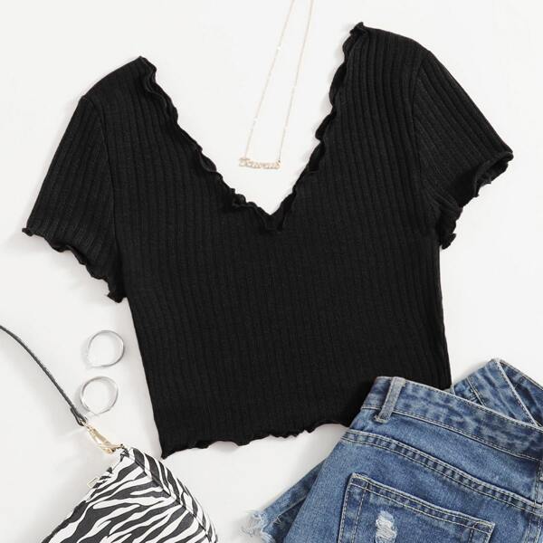 

Plus Double V-Neck Solid Lettuce Trim Rib-knit Tee, Black