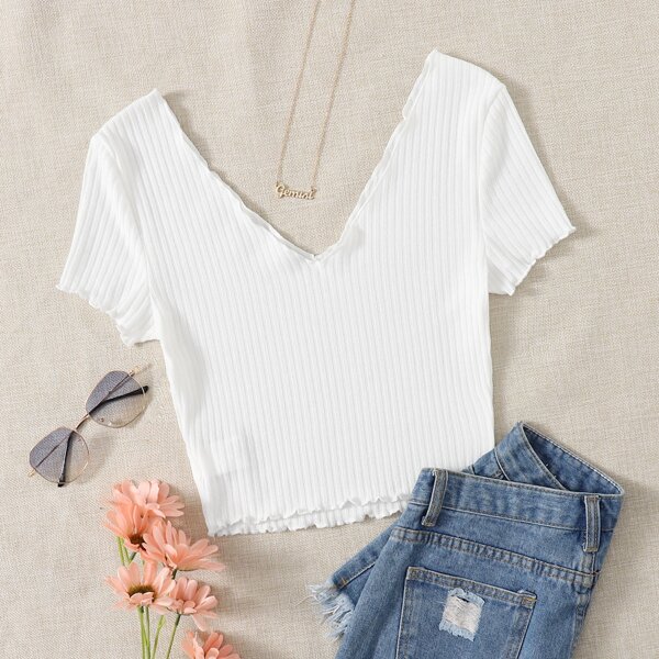 

Plus Double V-Neck Solid Lettuce Trim Rib-knit Tee, White