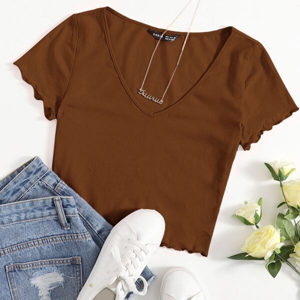 

Plus V-neck Lettuce Trim Tee, Coffee brown
