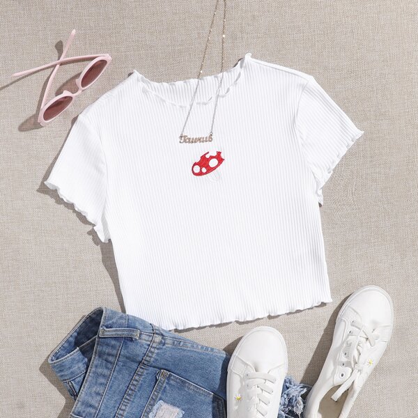 

Plus Mushroom Embroidered Lettuce Trim Tee, White