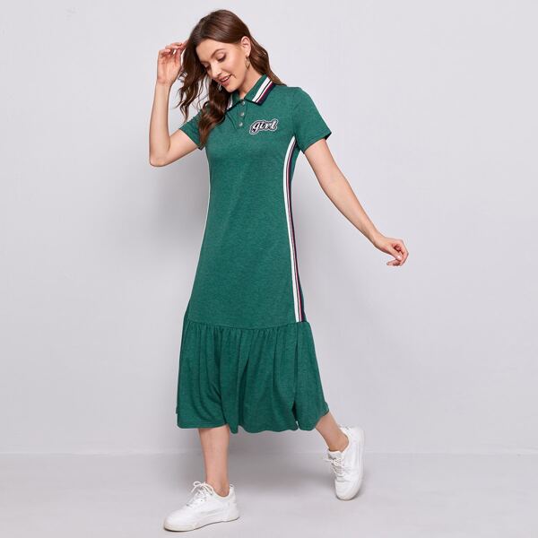 

Letter Embroidered Striped Tape Side Ruffle Hem Dress, Green