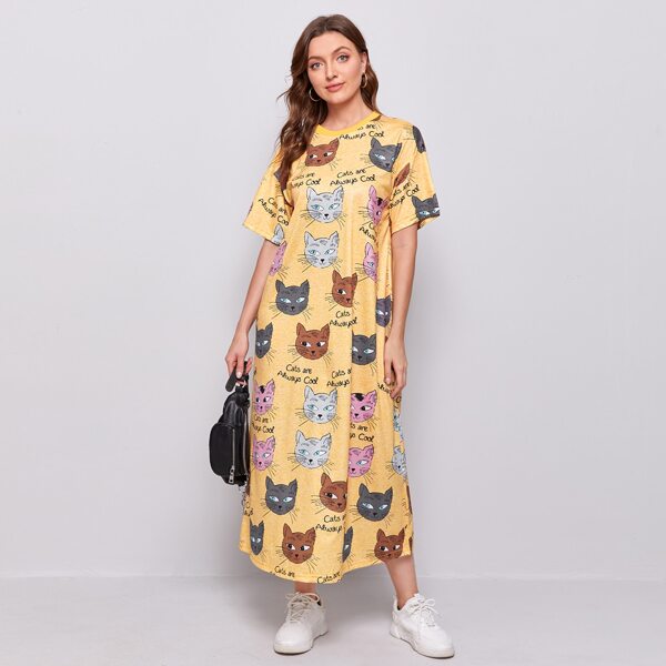 

Drop Shoulder Slogan & Cat Print Tee Dress, Multicolor