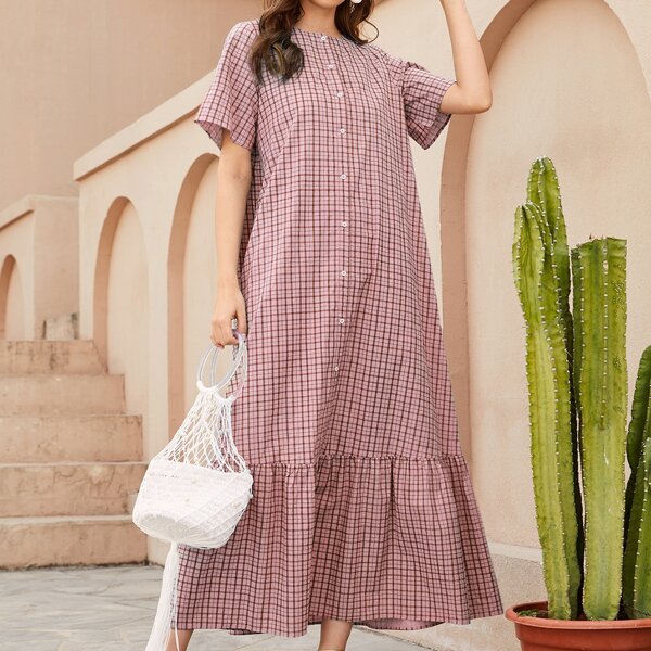 

Plaid Button Front Ruffle Hem Dress, Dusty pink
