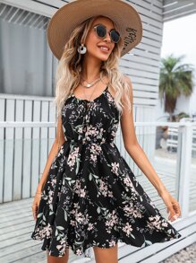 Breezaya Floral Print Tie Front Cami Dress - Black - View 3