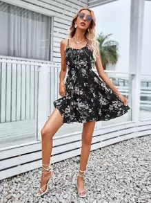 Breezaya Floral Print Tie Front Cami Dress - Black - View 4