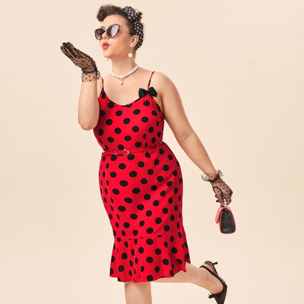 

Plus Polka Dot Bow Cami Dress Without Belted, Red