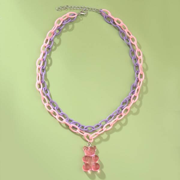 

Girls Bear Charm Layered Necklace, Pink