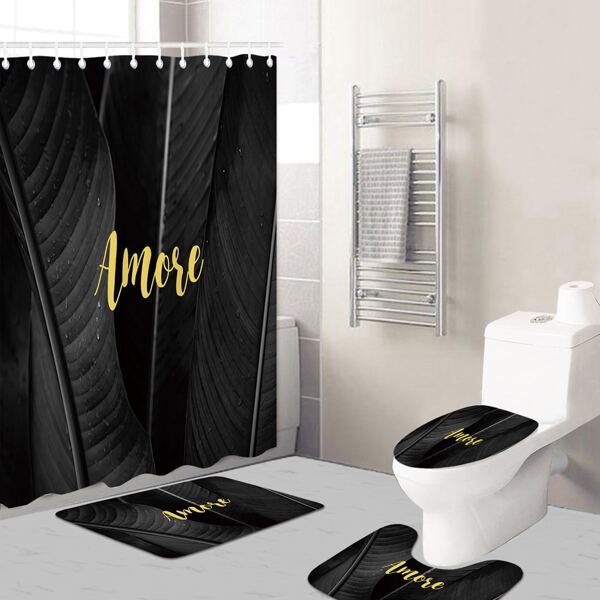 

1pc Letter Graphic Closestool Mat Or 1pc Shower Curtain, Black