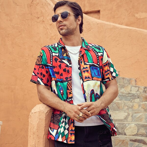 

Men All Over Print Button Front Shirt, Multicolor