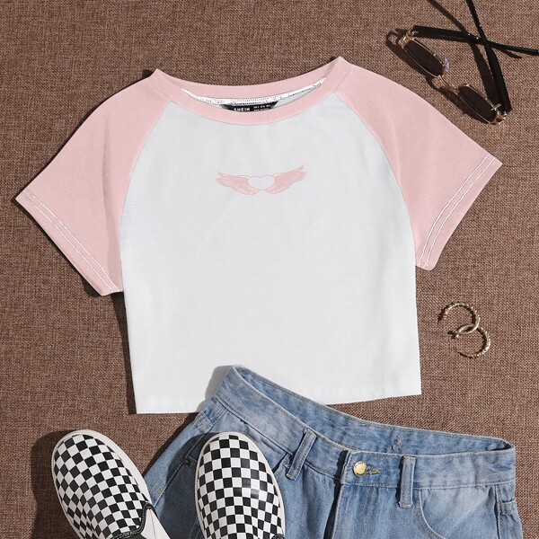 

Heart Print Raglan Sleeve Crop Tee, White