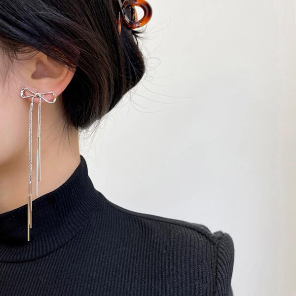 

Bow Knot Drop Earrings, Silver