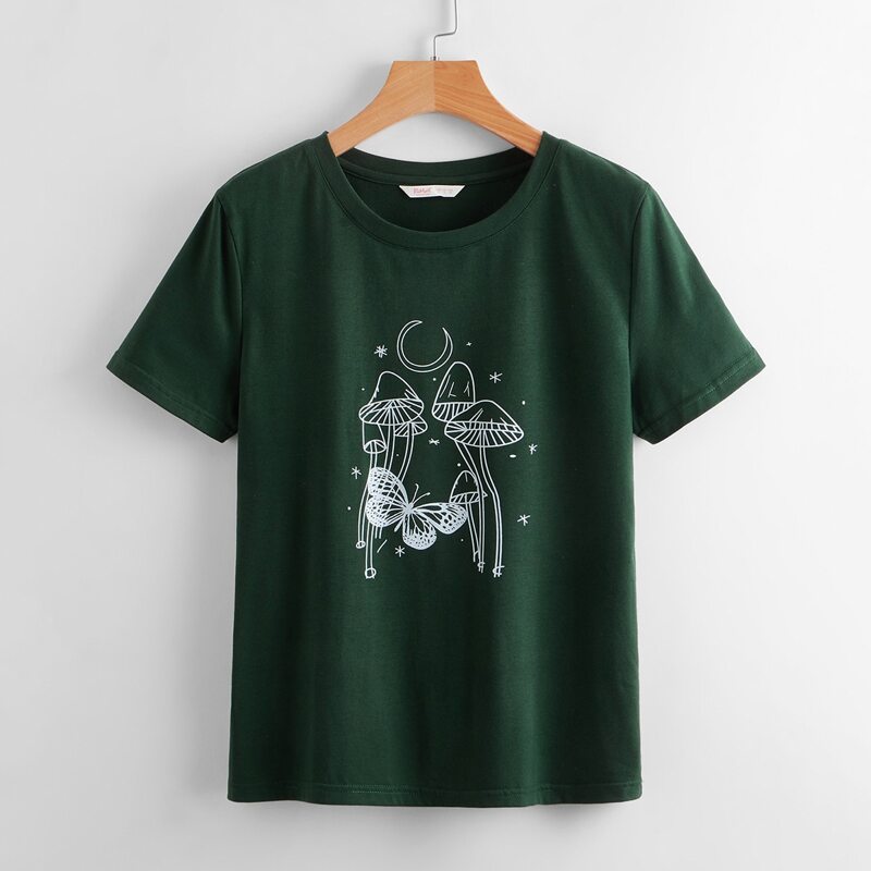

Mushroom & Butterfly Graphic Tee, Dark green