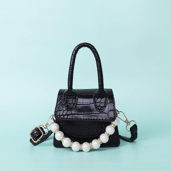 

Girls Faux Pearl Decor Satchel Bag, Black