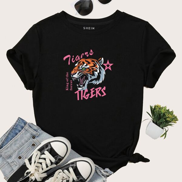 

Tiger & Slogan Print Tee, Black