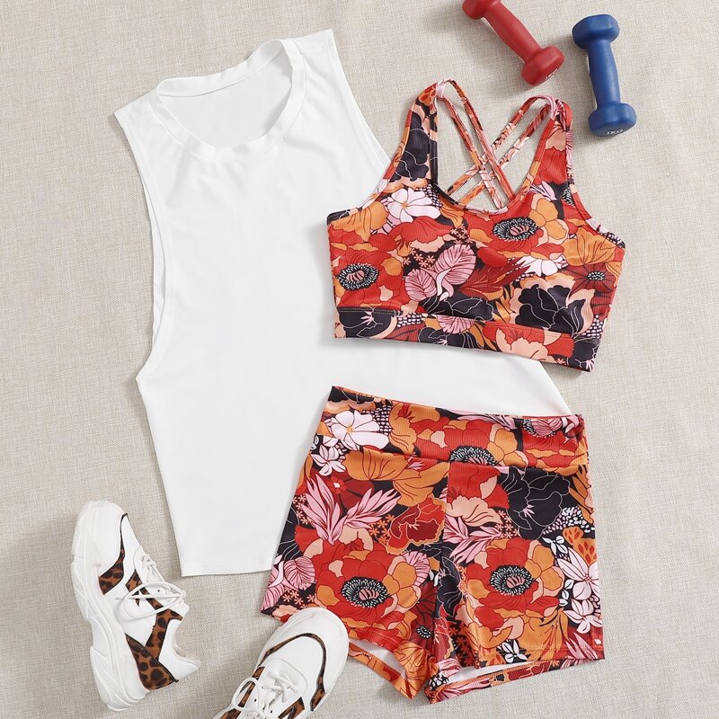 

3pack Floral Print Sports Set With Tank Top, Multicolor