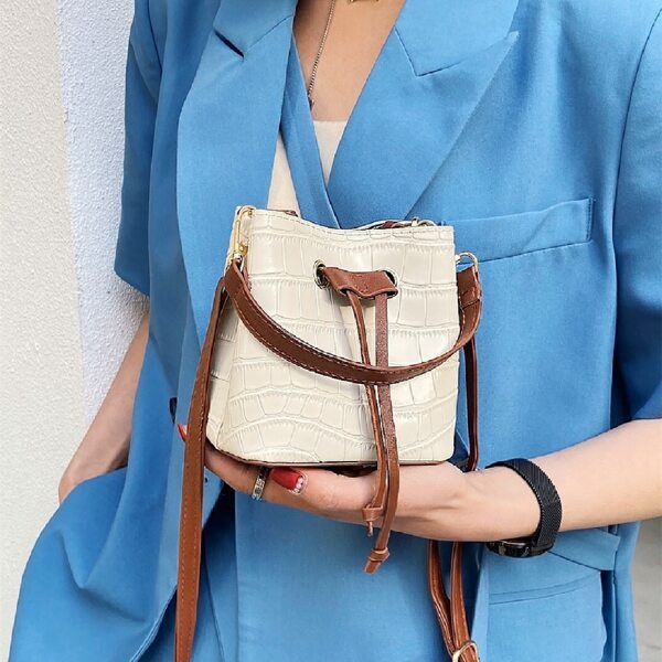 

Mini Croc Embossed Bucket Bag, Beige