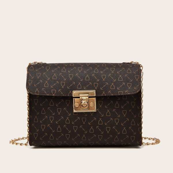 

Graphic Twist Lock Flap Chain Bag, Coffee brown