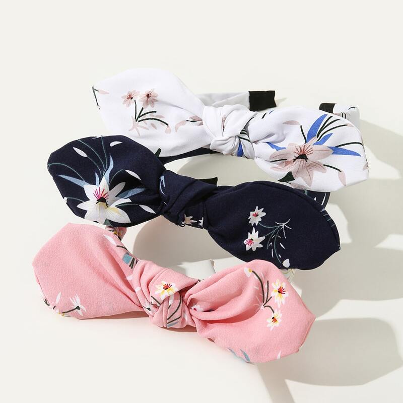 

3pcs Floral Print Bow Decor Headband, Multicolor