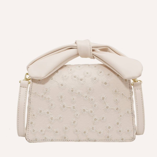 

Knot Decor Floral Embroidery Satchel Bag, Beige