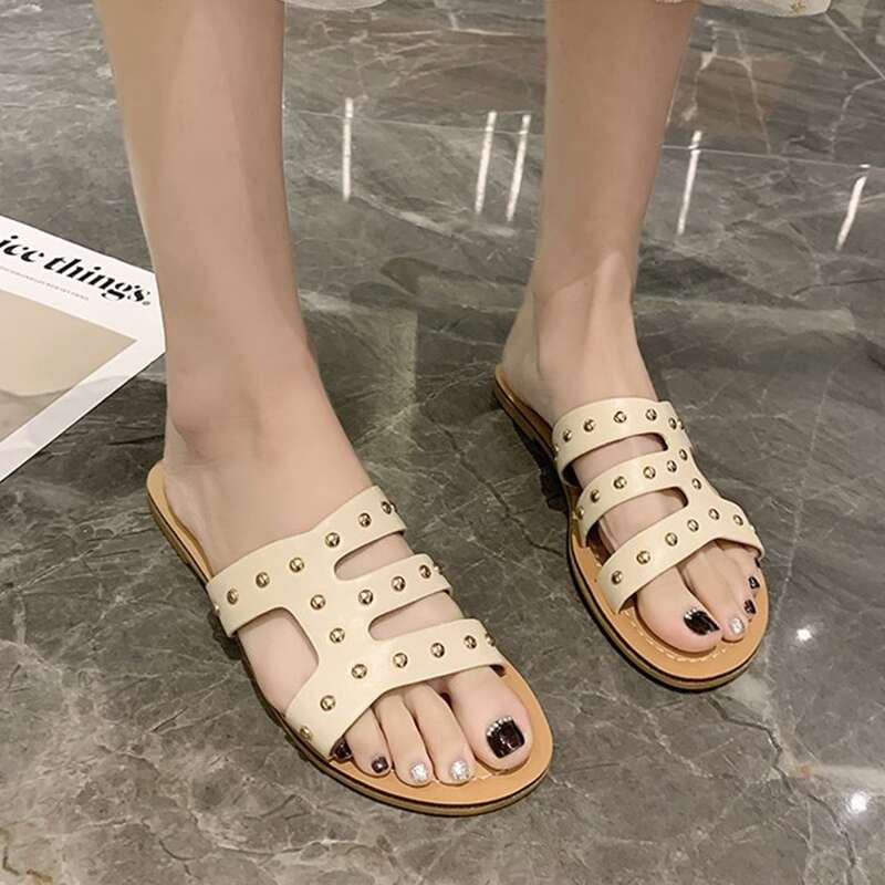 

Studded Strap Slide Sandals, Beige