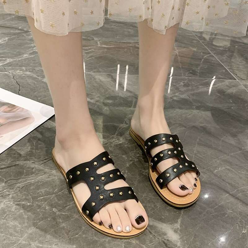 

Studded Strap Slide Sandals, Black
