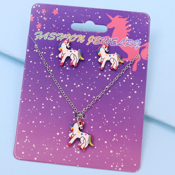 

Toddler Girls Cartoon Charm Necklace & 1pair Stud Earrings, Multicolor