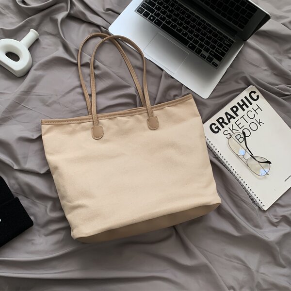 

Contrast Binding Tote Bag, Khaki
