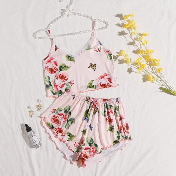 

Floral Contrast Lace Pajama Set, Baby pink