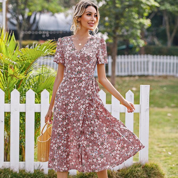 

Ditsy Floral Print Wrap Knot Dress, Dusty pink