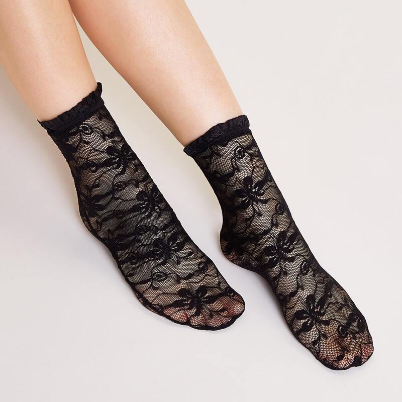 

1pair Floral Mesh Ankle Socks, Black