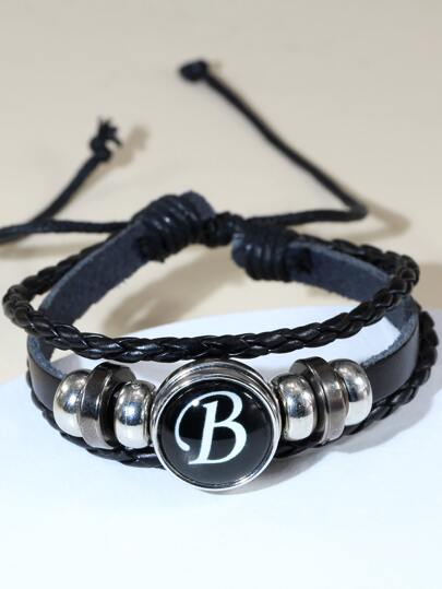 Fashionable and Popular Men Letter Graphic Round Decor Layered Bracelet PU for Jewelry Gift and for a Stylish Look