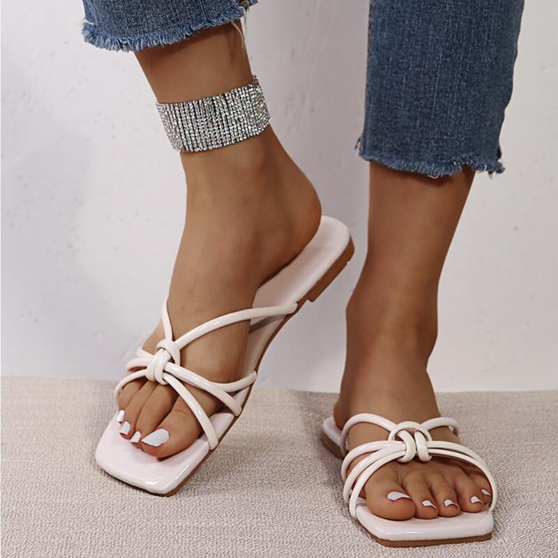 

Knot Strap Slide Sandals, Beige