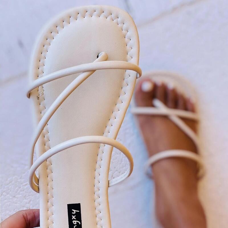 

Skinny Strap Slide Sandals, Beige