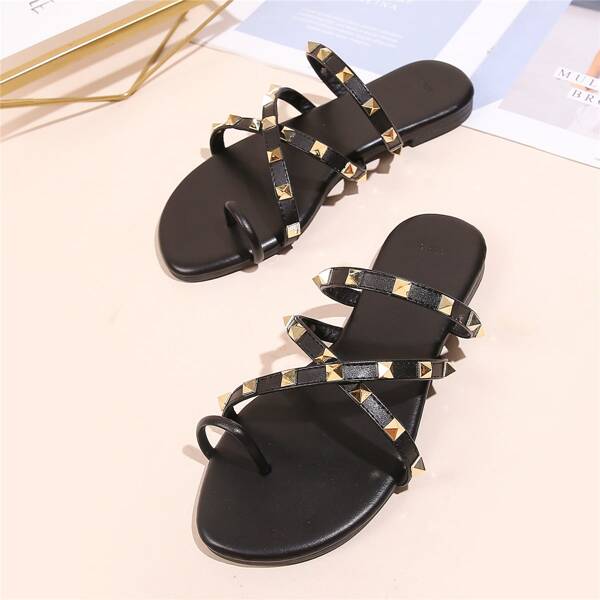 

Studded Decor Thong Sandals, Black