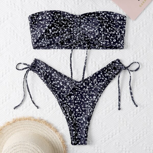 

Ditsy Floral Drawstring Bandeau Bikini Swimsuit, Black
