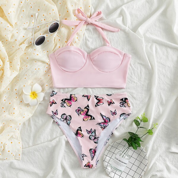 

Butterfly Random Print High Waisted Bikini Swimsuit, Baby pink