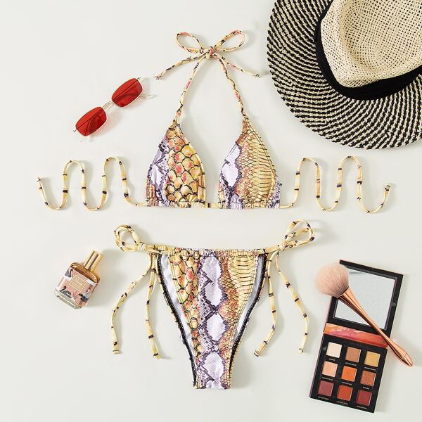 

Snakeskin Print Triangle Thong Bikini Swimsuit, Multicolor
