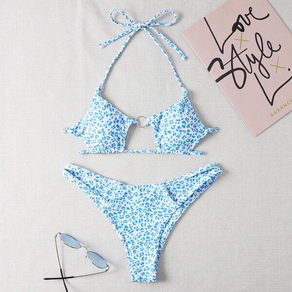 

Leopard Cut-out Ring Linked Halter Bikini Swimsuit, Blue and white