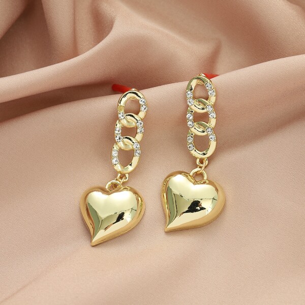 

Rhinestone Detail Heart Drop Earrings, Gold