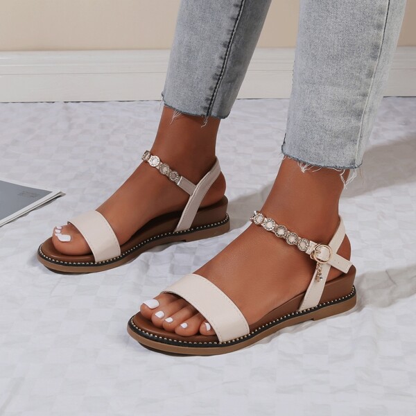 

Rhinestone Decor Slingback Wedge Sandals, Beige